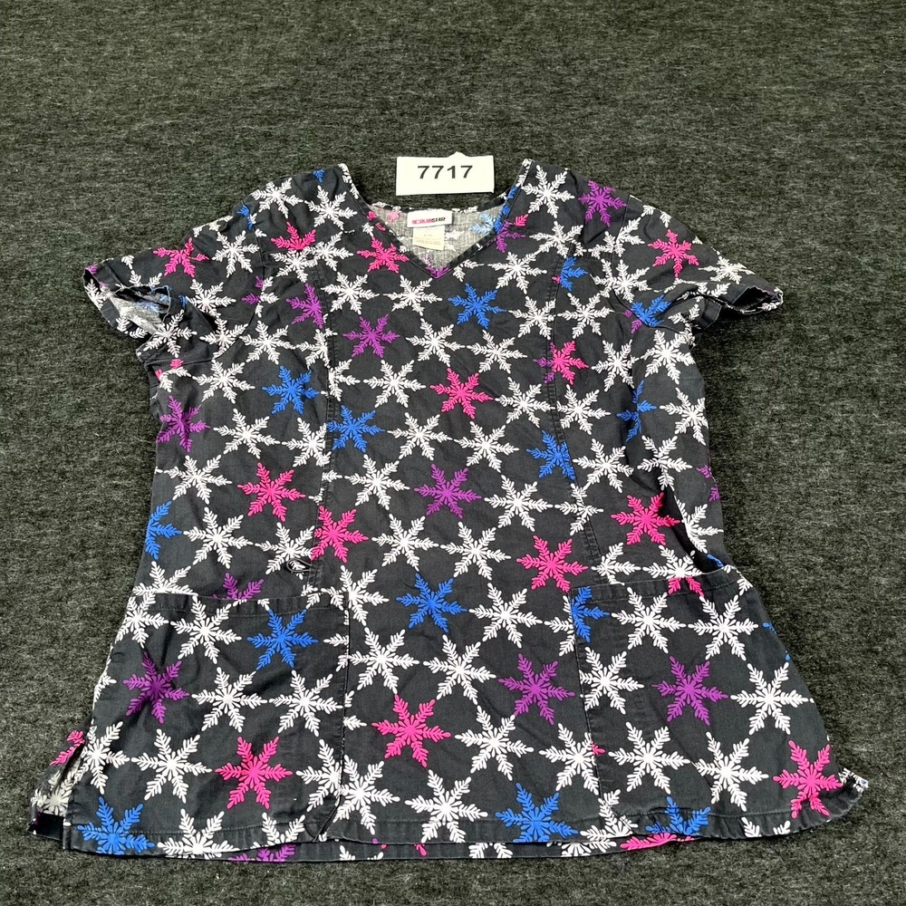 Scrubstar Scrub Top Women Large Black Cotton Snowflake Christmas V Neck Winter‎